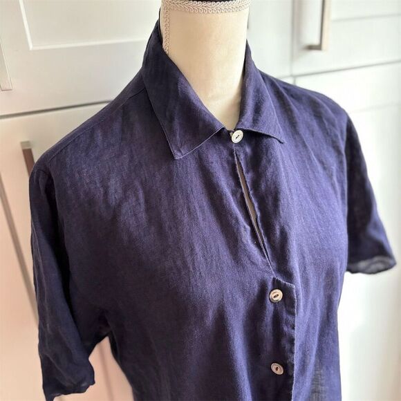 Diana Slavin Blue Short Sleeve Button-Up Shirt Size 2 Semi Sheer Linen Oversized - Picture 4 of 7